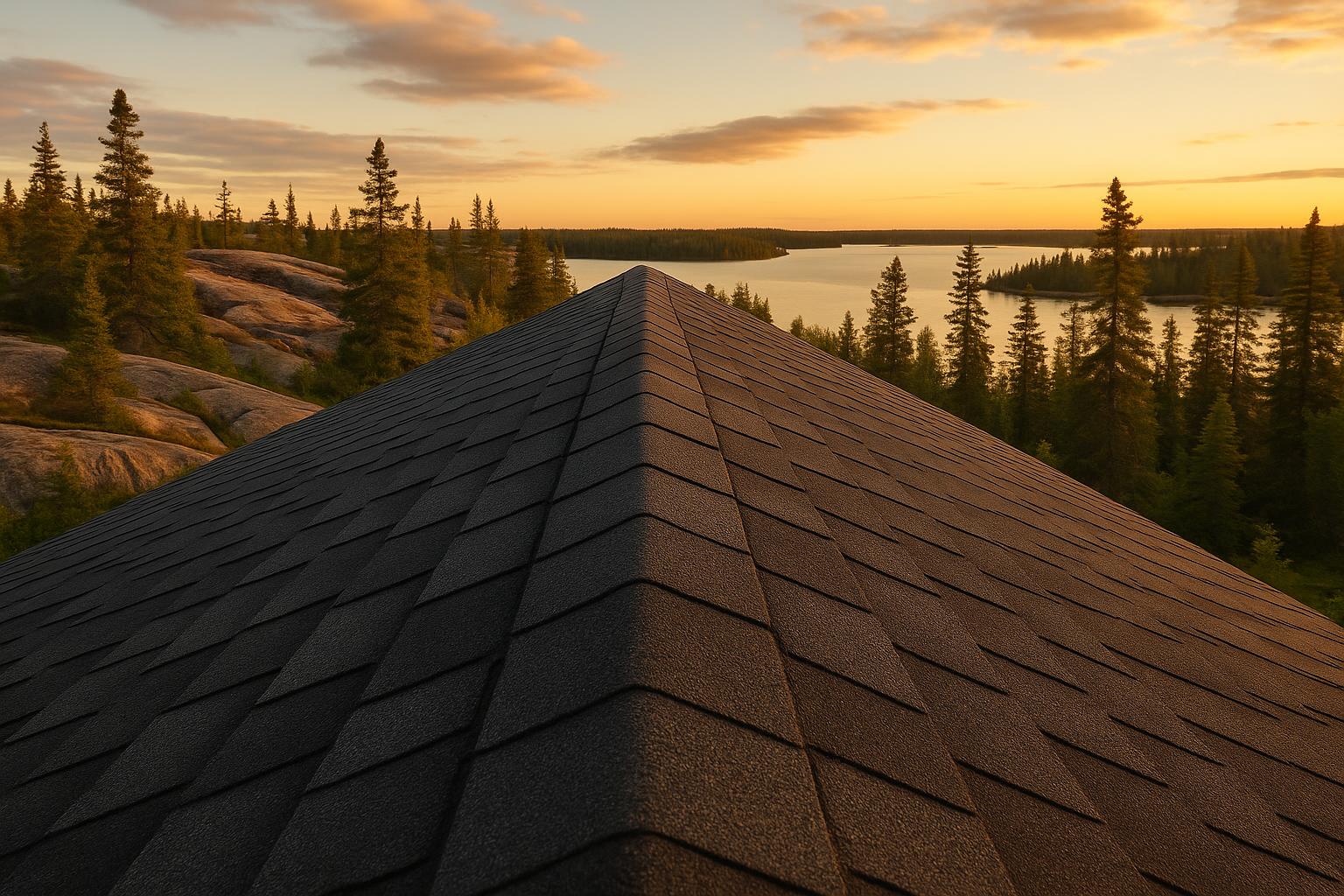Newly installed residential asphalt shingle roof with a boreal Yellowknife landscape